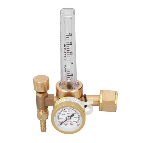 CO2 welding gas regulator with flowmeter; brass body, clear tube, 0-25 LPM, 0-3500 psi, 5/8 in x 18 male connector.
