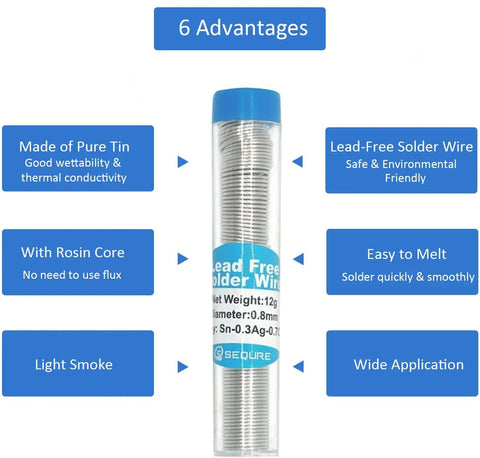Image showing advantages of Lead-Free Solder Flux Wire With Rosin Core 0.8mm Diameter Tin Solder For Electronics, Circuit Boards, DIY Projects.