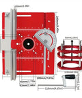 Heavy Duty Router Lift Kit And Flip Plate Insert With Smooth Height Tuning For 65 mm Motor Bodies, dimensions and features displayed.