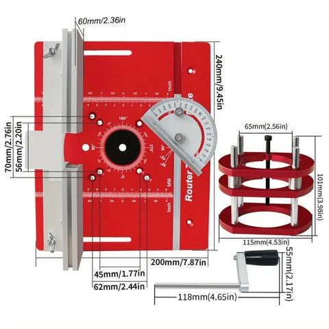 Heavy Duty Router Lift Kit And Flip Plate Insert With Smooth Height Tuning For 65 mm Motor Bodies, dimensions and features displayed.
