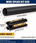 3 Pack Top Shelf Underground Wire Splice Kit For 14/3 To 8/3 Awg Wire With Knockout 600V Rating showing sizes and components.