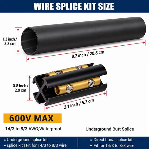 3 Pack Top Shelf Underground Wire Splice Kit For 14/3 To 8/3 Awg Wire With Knockout 600V Rating showing sizes and components.