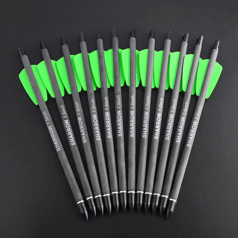 7.5 Inch Carbon Crossbow Bolts With 2 Inch Green Vanes And 100 Grain Removable Tips, Built For Outdoor Hunting And Target Practice, Durable Shaft, Low Hand Shock, Deadly Accurate, 12 Pack Arrows displayed on black surface.