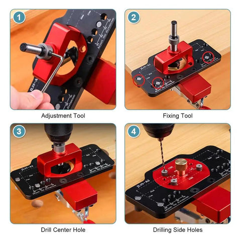 Tough As Nails 35mm Concealed Door Hinge Jig Drill Guide Template With Bulletproof Locking Clip, detailed setup of drilling process.