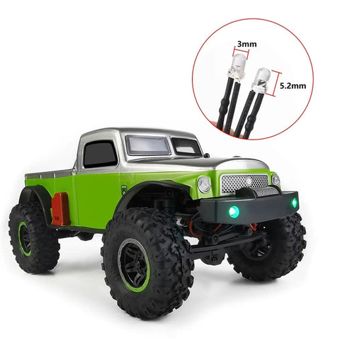 Lit RC Light Strips Kit For 1/24 Scale Crawler SCX24 Series mounted on green RC truck with LED headlights