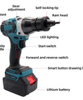 Beachtiful Cordless Rivet Nut Tool Electric Automatic Brushless Blind Rivet Fastener Kit for Aluminum Steel Iron showing battery, buttons, and ergonomic design.