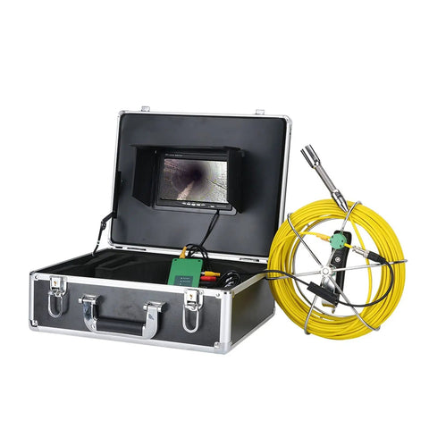 Heavy Duty Dual Lens Borescope With Seven Inch Monitor And Forty Meter Waterproof Cable inside rugged armor carry case with equipment.