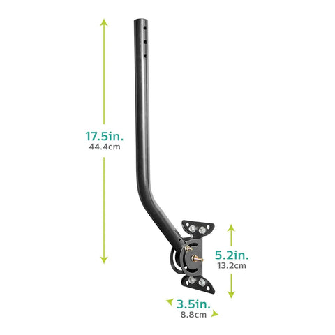 Universal Steel J Mount TV Antenna Bracket For Attic Or Outdoor Roof Wall Install, showing dimensions and mounting holes.