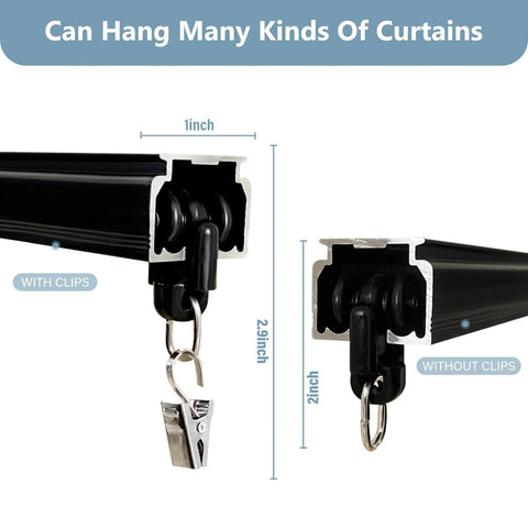 Close-up of black heavy duty ceiling curtain track system with clips, showing aluminum sliding rails and quiet pulleys.