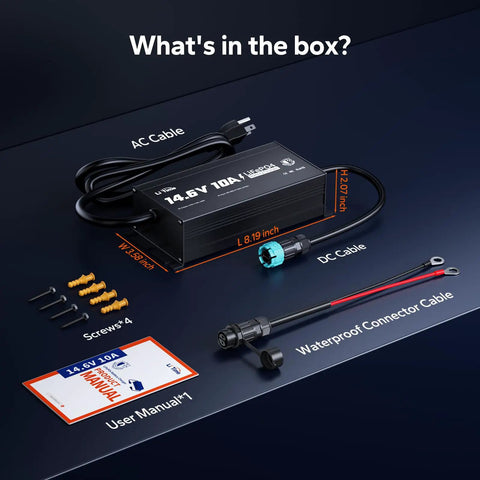 Rugged 10 Amp 12 Volt Lithium Battery Charger With IP65 Waterproof Rating For LifePo4 Batteries And Automatic Bms Recovery Function components in box