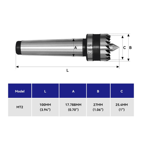 HFS MT2 woodworking lathe drive center with 1-inch crown; silver shaft, black collar