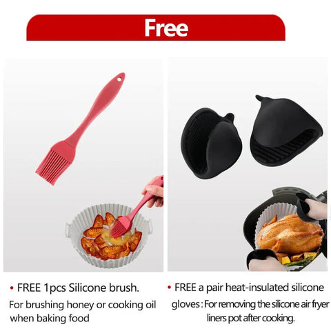 Two Pack 8 Inch Square Air Fryer Silicone Liners with silicone brush and gloves for oil brushing and liner handling