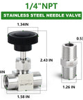 Front view of a 304 stainless steel straight needle valve with 1/4 inch NPT female port and matching nipple adapter