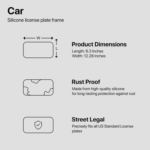 Product information graphic for Premium Silicone License Plate Frame, dimensions, rust-proof, street legal features displayed.