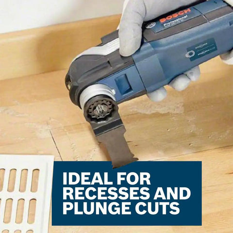 Starlock Oscillating Multi-Tool Bi-Metal Blade 1-1/4 In OSL114JF-3 3-Pack in use with hardwood, ideal for precise cuts