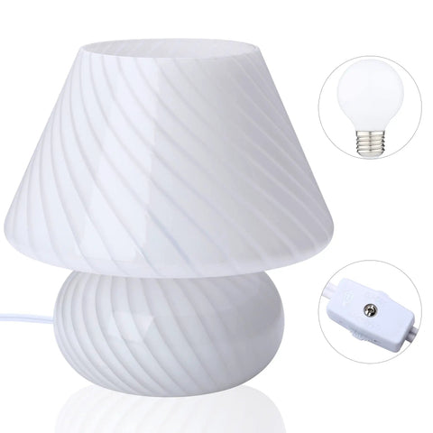Swirl Mushroom Lamp With Vintage Striped Murano Glass, Soft Warm White LED Night Light For Desk, Bedside, Bedroom, Or Home Office, 9.9 Inch Tall, Translucent White Retro Decor Gift with visible plug and bulb
