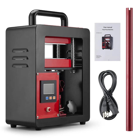 Rugged 5 Ton Portable Hydraulic Heat Press With Dual Heating Plates 2.3 x 4.7 Inch Platen Steel Frame Stainless Fasteners Built To Last For DIY T Shirts Sublimation And Craft Projects, shown with power cord and manual