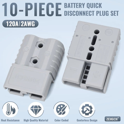 No Fuss Heavy Duty 2 Gauge Battery Cable Connector Kit With Quick Connect Disconnect Plugs For Trucks And Trailers features 10-piece gray connectors.