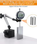Magnetic Base Stand For Digital Dial Indicator Gauge With On Off Control, shown with adjustable arm and metal cube.