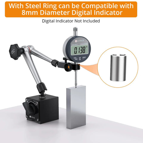 Magnetic Base Stand For Digital Dial Indicator Gauge With On Off Control, shown with adjustable arm and metal cube.
