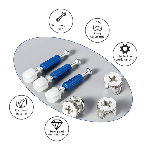 150 Piece Cam Lock Fastener Kit For Furniture DIY 3 In 1 Eccentric Hardware With Nuts, Screws And Dowels, shown with durable components.