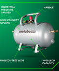 High Capacity 10 Gallon Air Tank With ASME Certification, 5 Quick Connects, Industrial Gauges, Angled Steel Legs, Handle