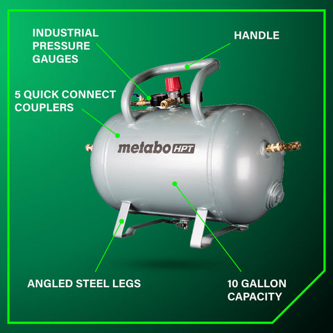 High Capacity 10 Gallon Air Tank With ASME Certification, 5 Quick Connects, Industrial Gauges, Angled Steel Legs, Handle