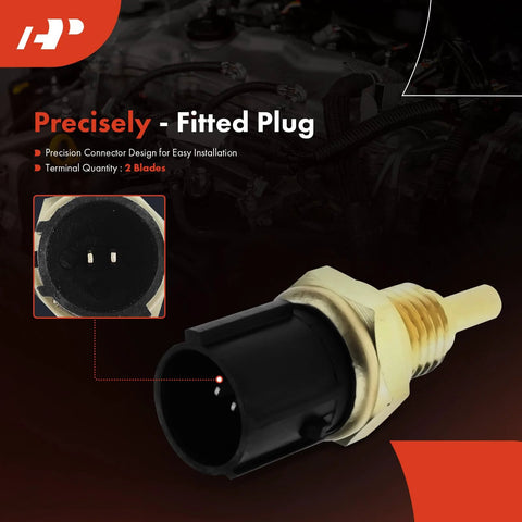 A-Premium engine coolant temperature sensor with 2-pin plug; black sensor body and gold threaded collar, side view.