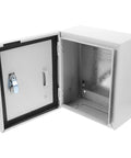Open Wall Mount Electrical Enclosure Box 250x300x140mm showing interior with door latch, heavy duty metal design for indoor and outdoor use.