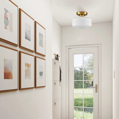 Modern White Semi Flush Mount Ceiling Light With Gold Finish For Hallways and Opal Milk Glass Shade in farmhouse hallway