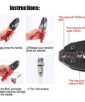 Instruction for Pro Grade Coaxial BNC Crimping Tool Kit With RG59 Coax Connector showing crimping steps and tool details.