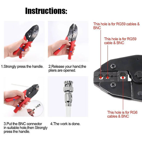 Instruction for Pro Grade Coaxial BNC Crimping Tool Kit With RG59 Coax Connector showing crimping steps and tool details.