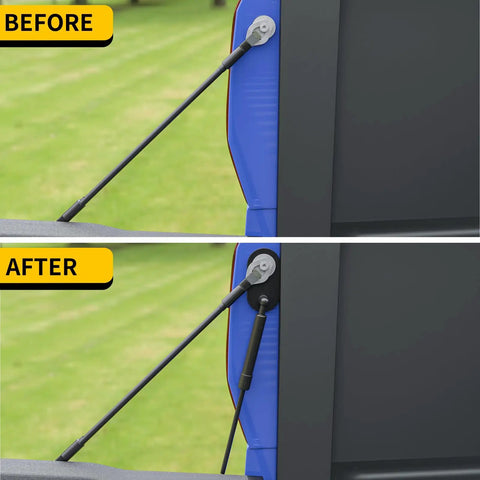 Before and after image of Heavy Duty Tailgate Lift Assist For 2007 To 2021 Toyota Tundra Trucks, showcasing driver side strut installation.