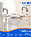 Raised Toilet Seat With Handles For Seniors Cozy Padded Elevation Riser Comfortable 350 Pound Capacity Adjustable Handicap Toilet Riser Gray FSA Eligible Now attached to a toilet with adjustable height and width shown.