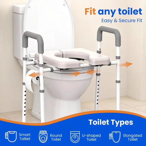 Raised Toilet Seat With Handles For Seniors Cozy Padded Elevation Riser Comfortable 350 Pound Capacity Adjustable Handicap Toilet Riser Gray FSA Eligible Now attached to a toilet with adjustable height and width shown.