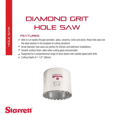 Diamond Grit Hole Saw For Small Holes, 2 1/8 Inch Diameter displayed with features text and company logo in red.
