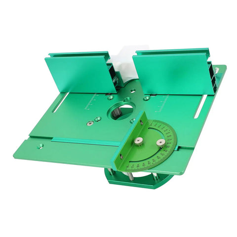 Heavy Duty Aluminum Woodworking Bench Router Lift System With Dead Nuts Precise Manual Crank Height Control And Easy Two Inch Stroke Tuning For Small Trim Routers Built Tight, top view of green router lift.