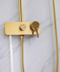 Wall Mounted Exposed Shower System Brushed Gold 3 in 1 close-up of mixer tap and handheld sprayer on wall.