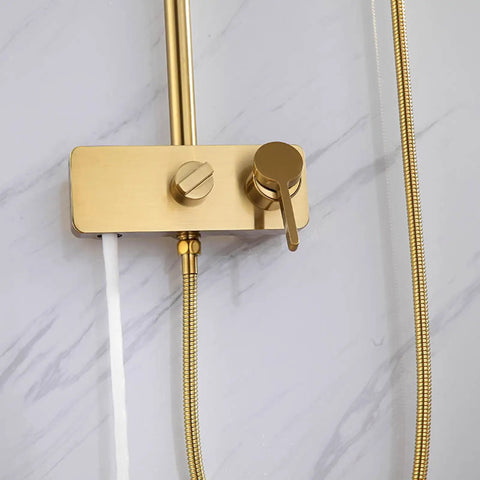 Wall Mounted Exposed Shower System Brushed Gold 3 in 1 close-up of mixer tap and handheld sprayer on wall.