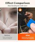 Automatic Needle Threaders for Hand Sewing and Sewing Machines comparison showing manual needle threading versus tool use.