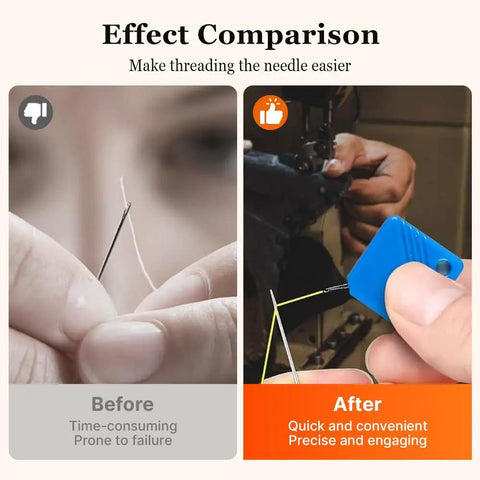 Automatic Needle Threaders for Hand Sewing and Sewing Machines comparison showing manual needle threading versus tool use.