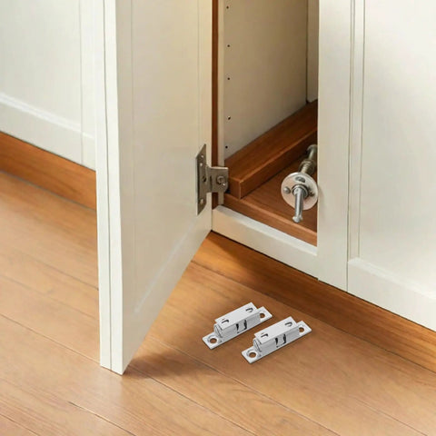 Solid Silver Copper Cabinet Door Rollers With Silent Close And Rust Resistant Finish, 10 Pack shown inside a cupboard.