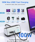 Heavy Duty Desk Power Hub Delivering 100W Fast Usb C Charging With Three Wide Ac Outlets And A Slim Five Foot Flat Cable connected to devices.