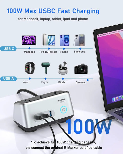 Heavy Duty Desk Power Hub Delivering 100W Fast Usb C Charging With Three Wide Ac Outlets And A Slim Five Foot Flat Cable connected to devices.