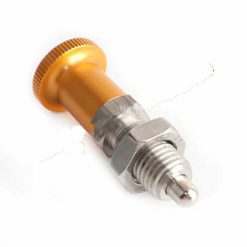 Built Tough Gold Knob Indexing Plunger Spring Pin With External Thread And Nut For Precise Vise Alignment CNC Machining And Heavy Duty Workshop Fixtures, side view
