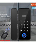 Straight Up Tuya WiFi Smart Fingerprint Lock For Wooden And Glass Doors With App Remote Control showing keypad and remote control.