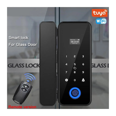 Straight Up Tuya WiFi Smart Fingerprint Lock For Wooden And Glass Doors With App Remote Control showing keypad and remote control.