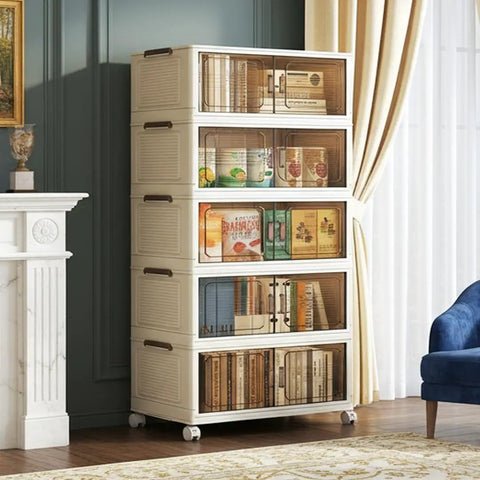 Extra Large Lockable Stackable Storage Bins With Lids On Wheels, 5-tier collapsible plastic organizer in living room