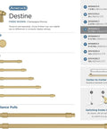 Champagne Bronze Destine Cabinet Pull display including 5-1/16 Inch Center-To-Center for Cabinets and Drawers details.