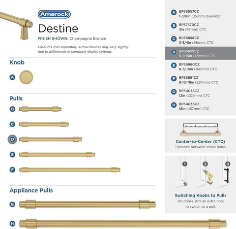 Champagne Bronze Destine Cabinet Pull display including 5-1/16 Inch Center-To-Center for Cabinets and Drawers details.